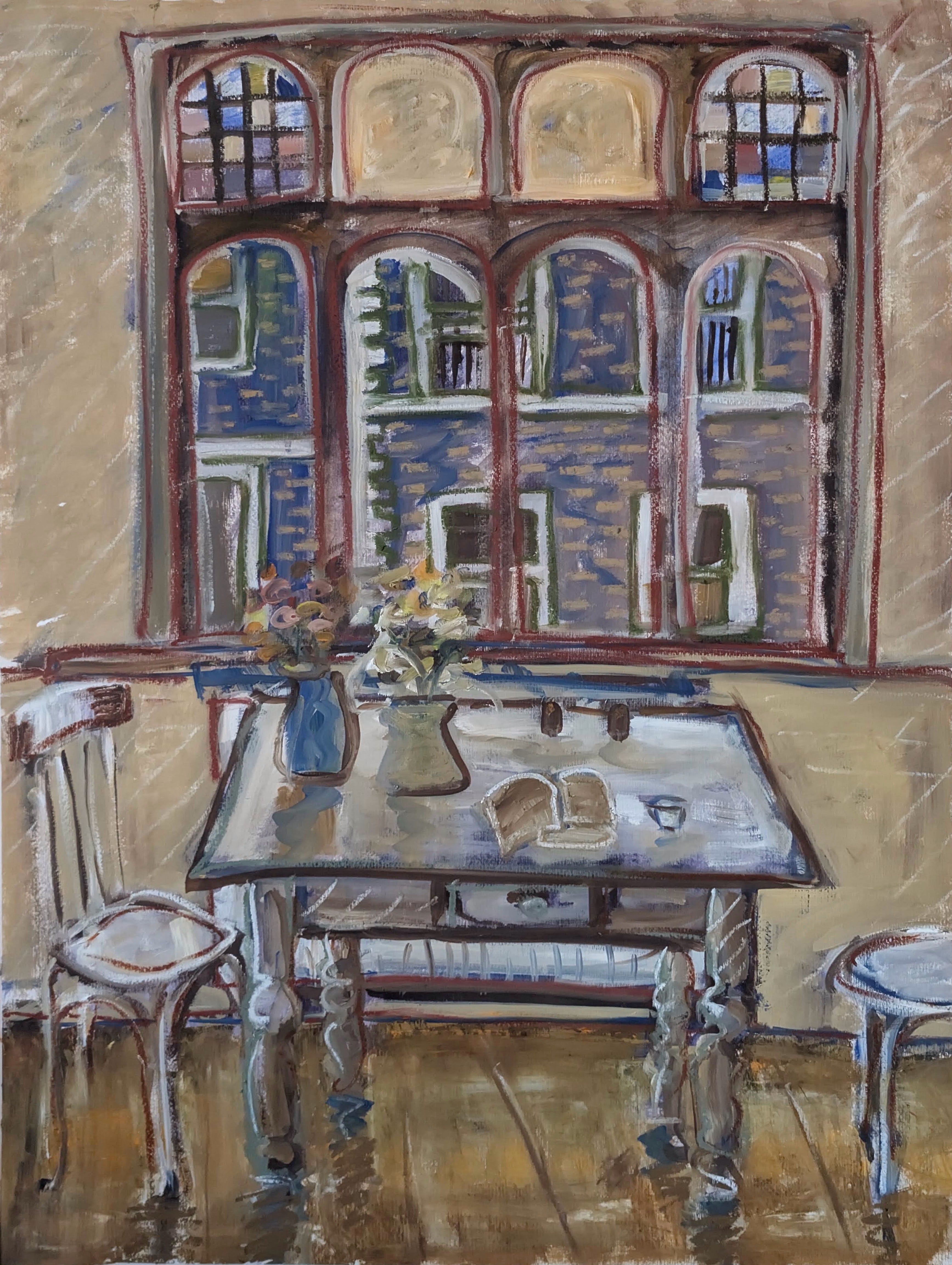 Painting of a room with a large window, table, and chair.