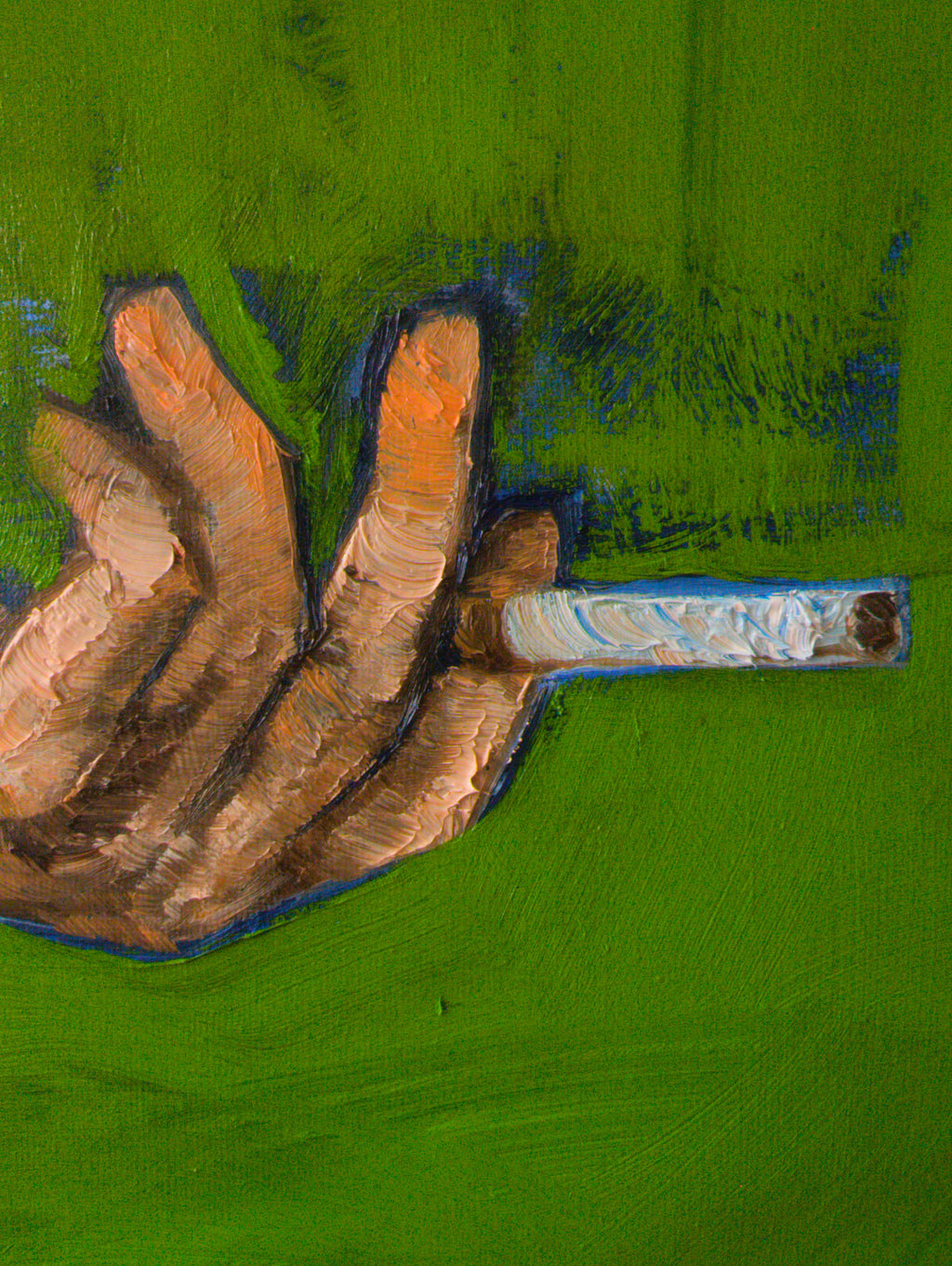 Artistic depiction of a hand holding a cigarette against a green background