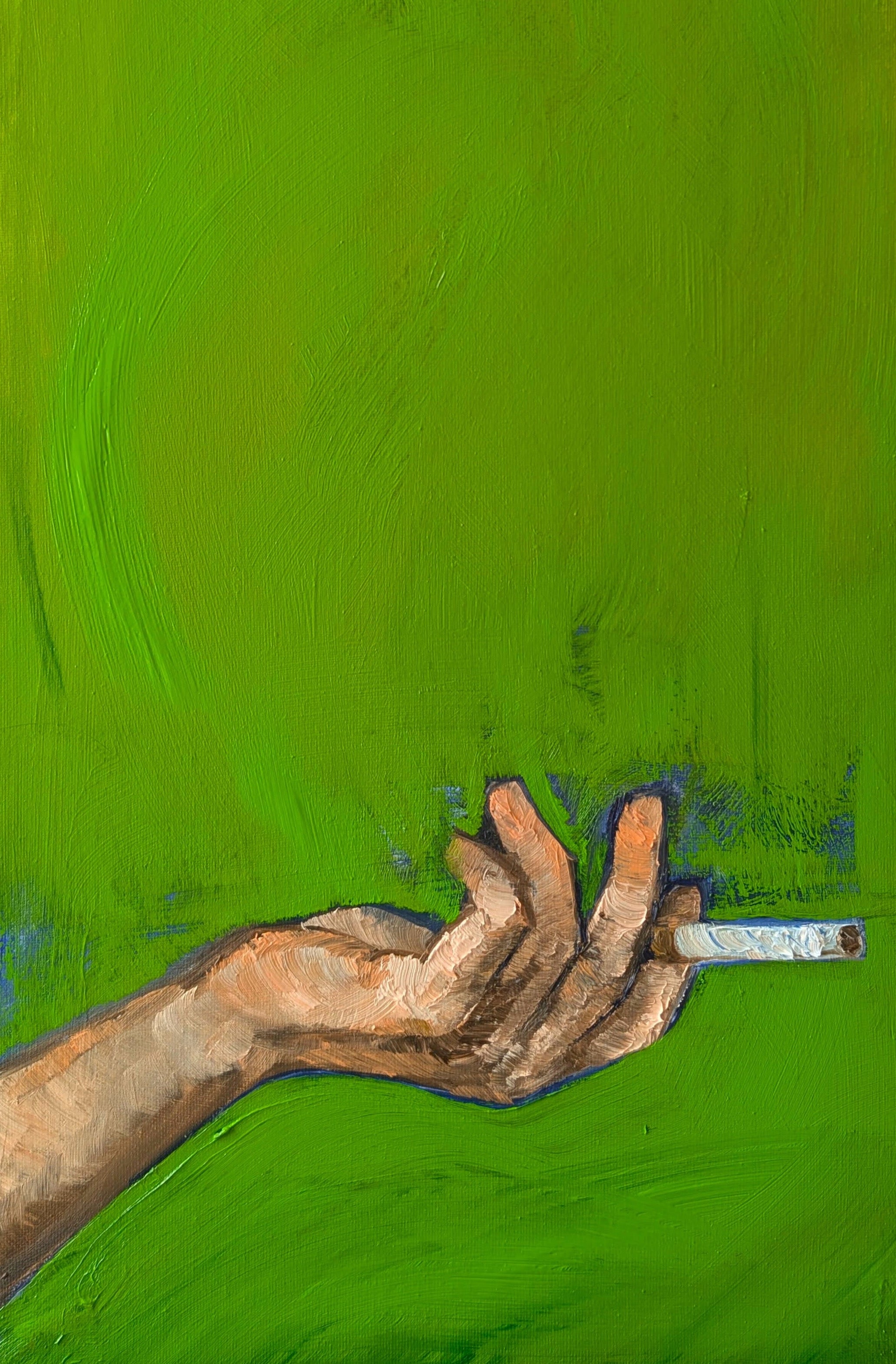 Artistic depiction of a hand holding a cigarette against a green background