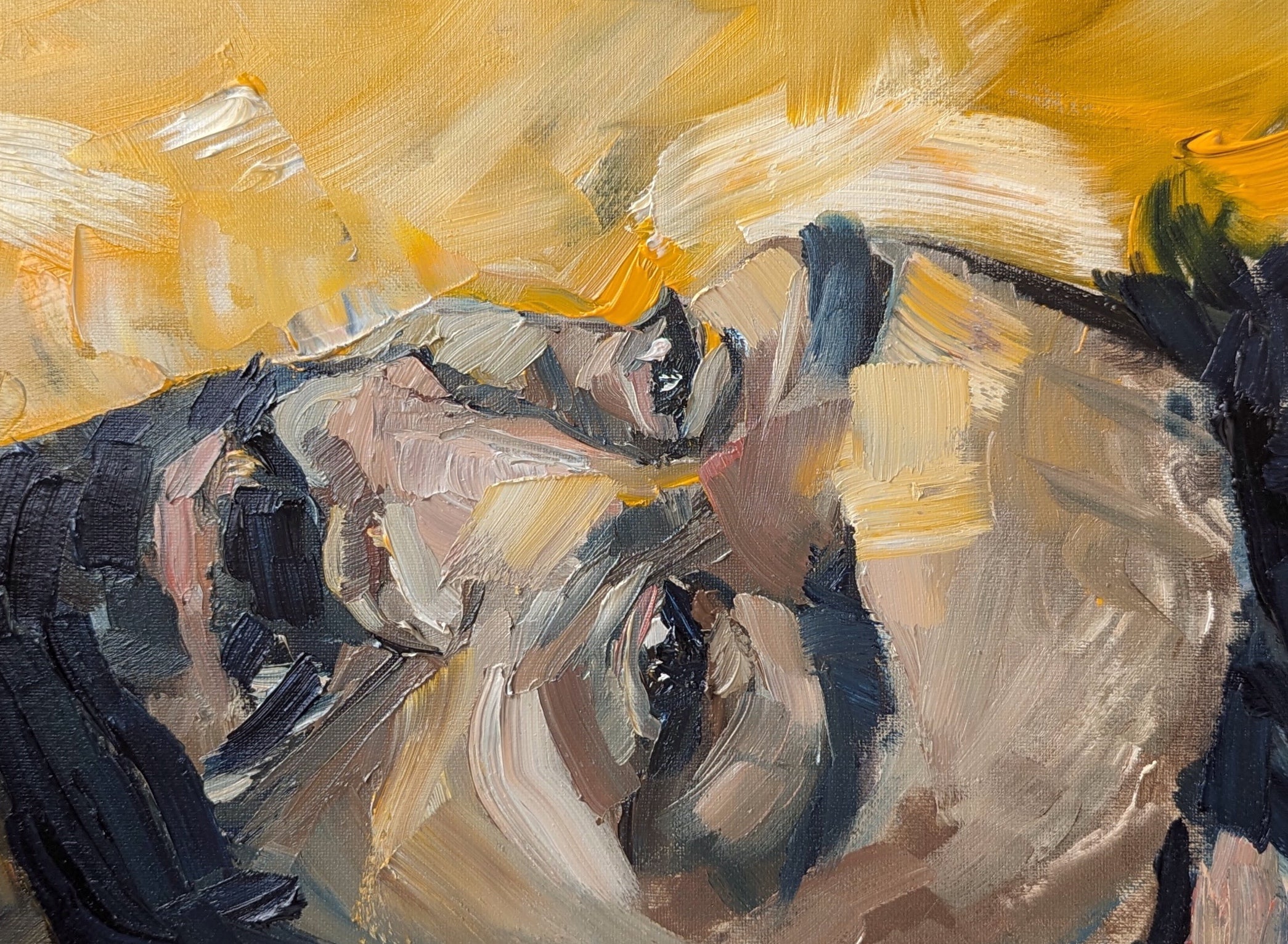 Abstract painting with a mix of yellow, black, and gray colors