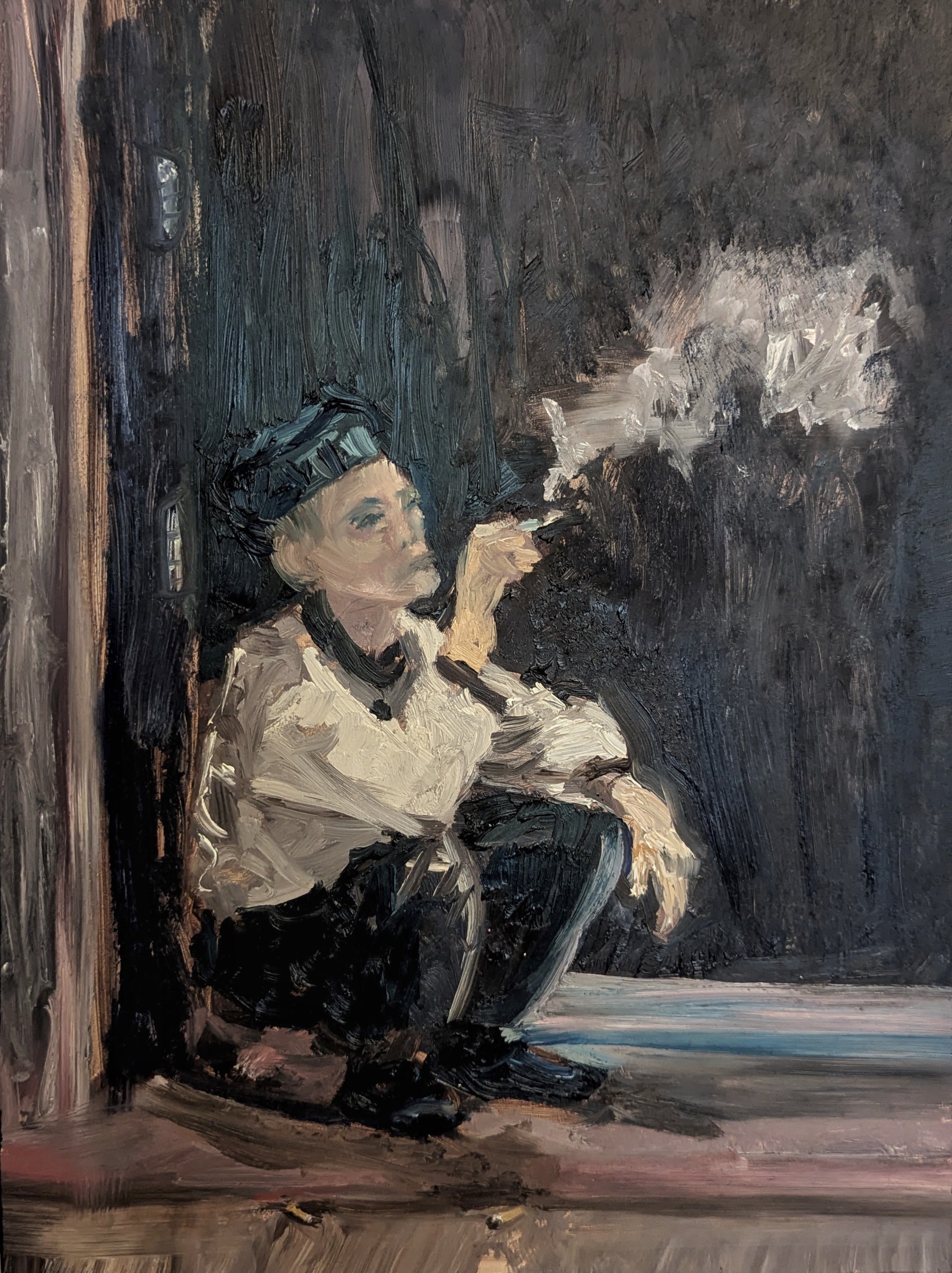 Painting of a person smoking a pipe in a dimly lit room.