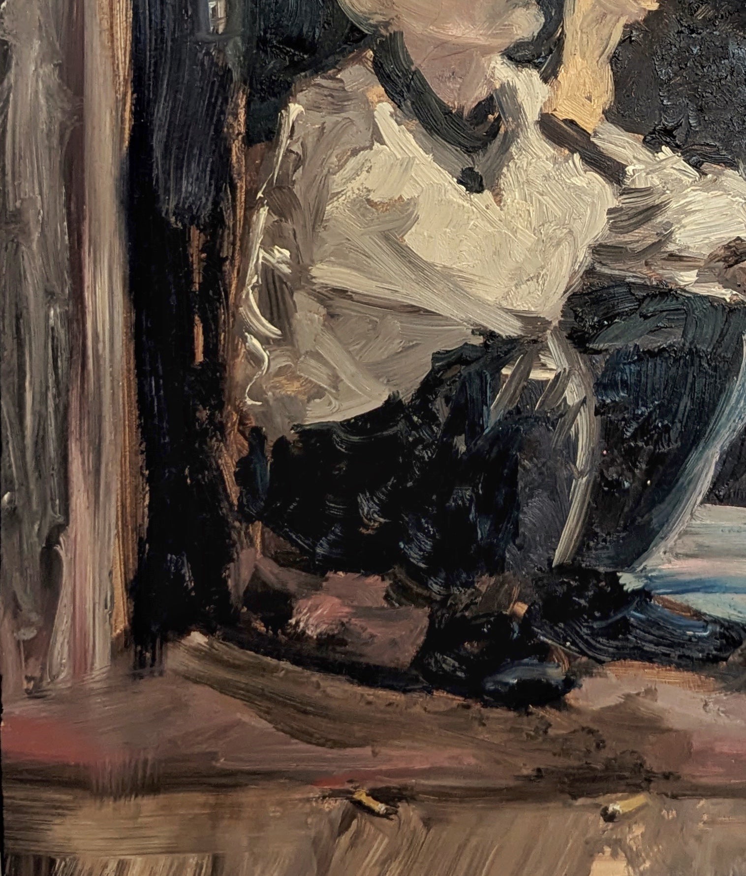 Painting of a person sitting, wearing a white shirt and dark pants, with a dark background.