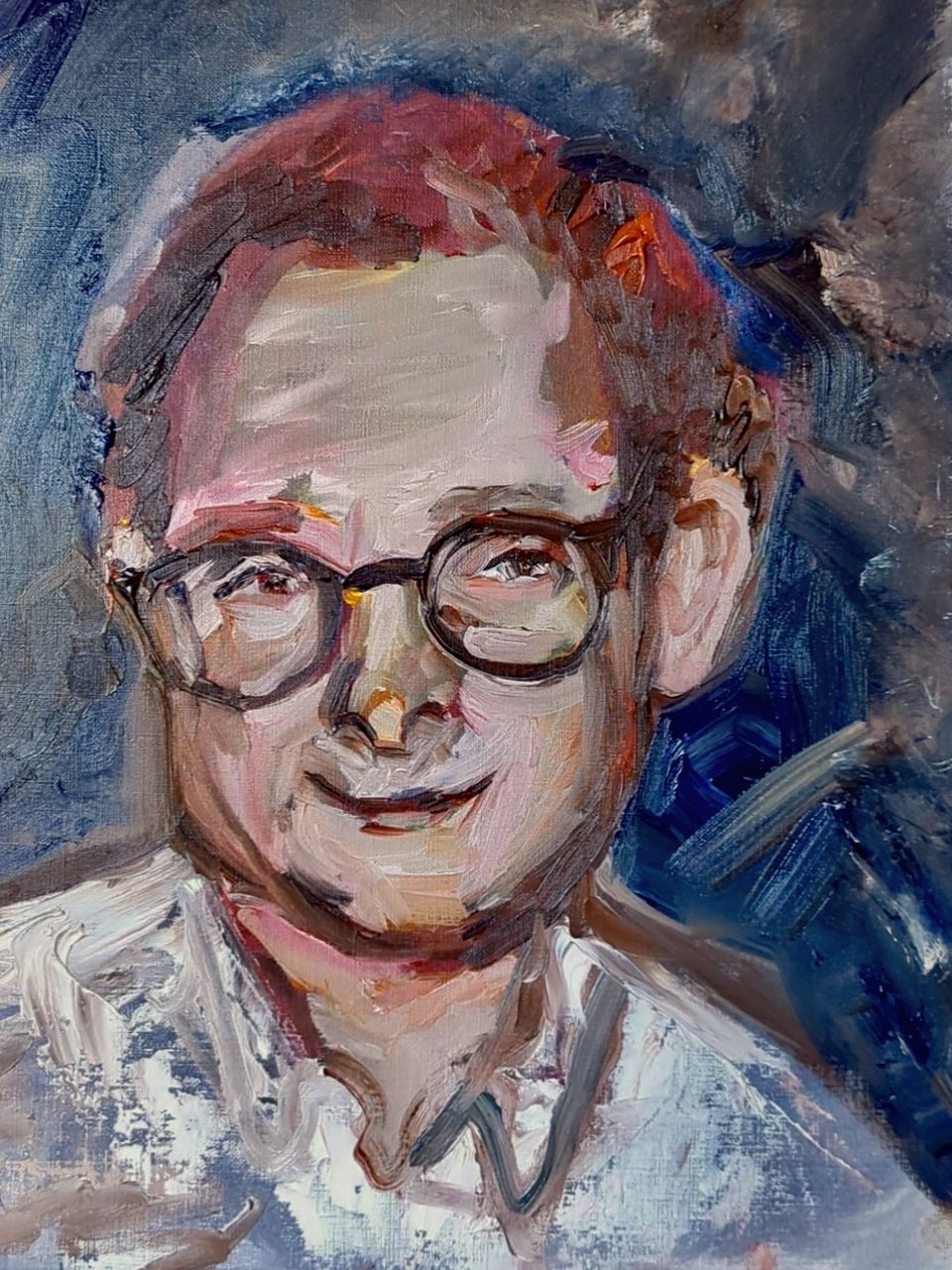 Painting of a person wearing glasses and a cap with a blue background