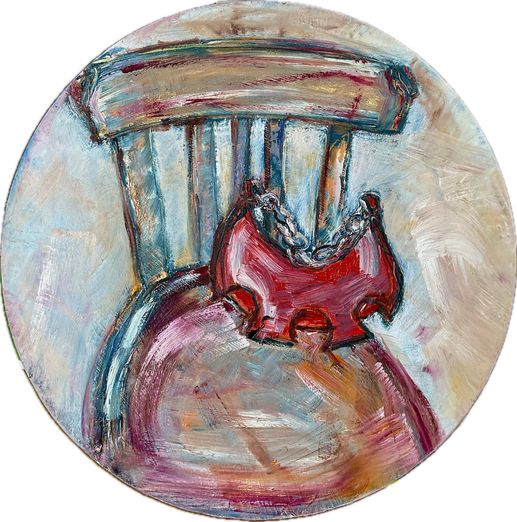 Painted depiction of a red chair with a white background