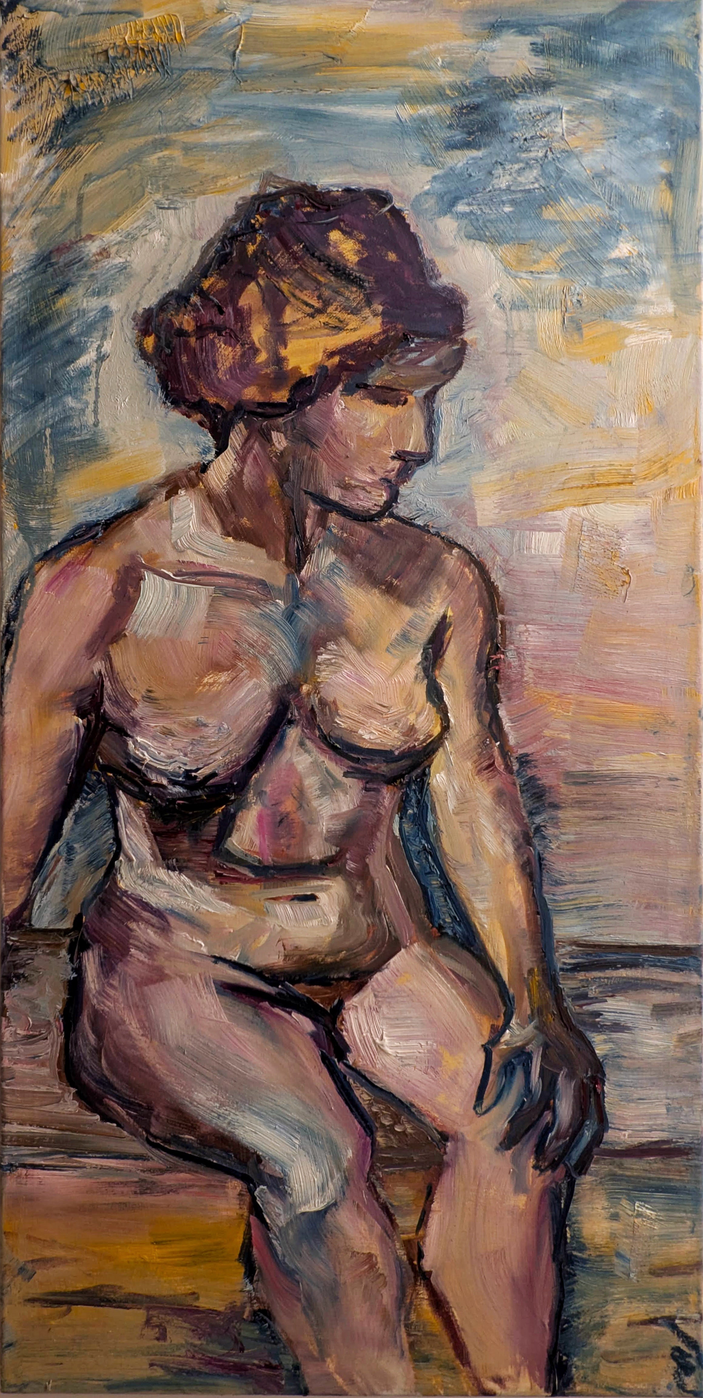 Painting of a nude figure with a hat against a colorful abstract background