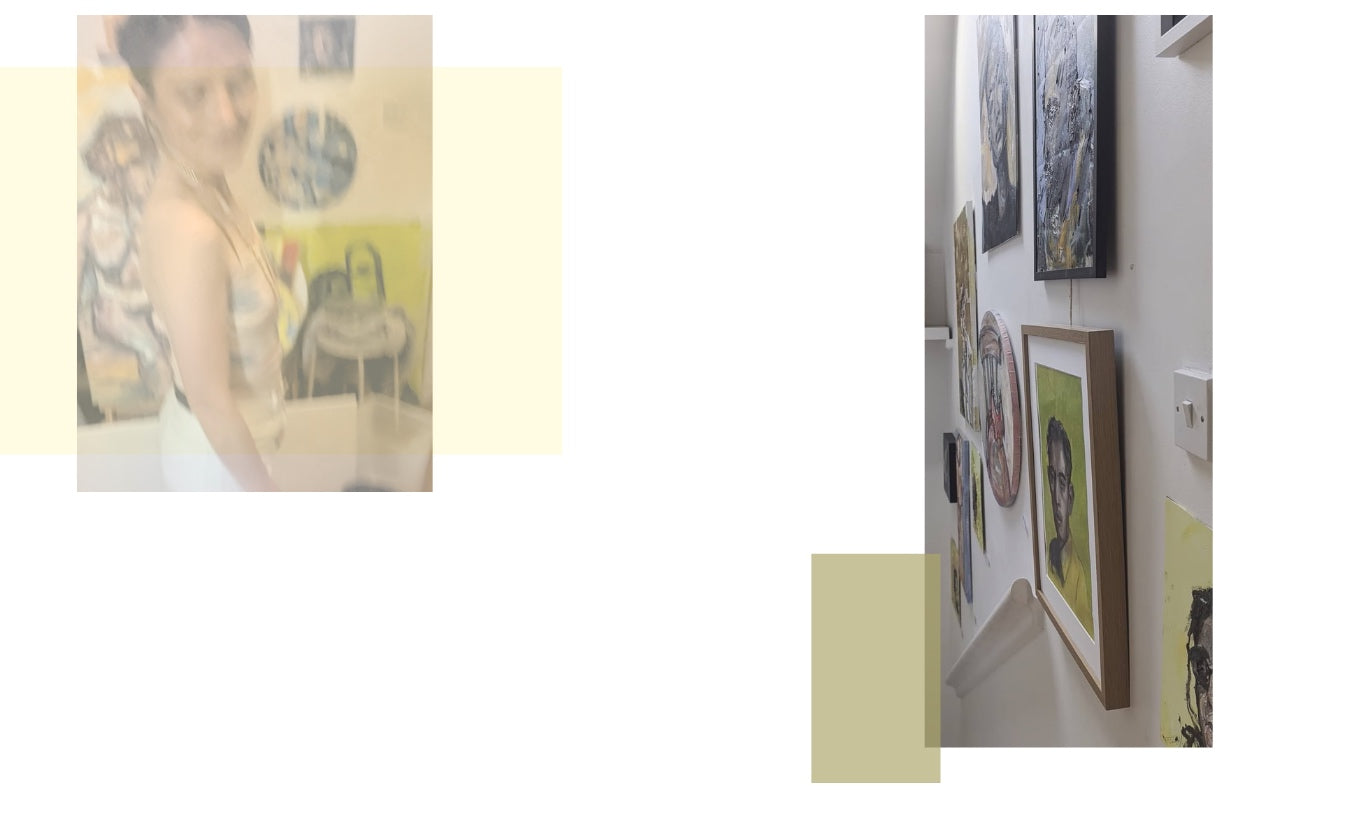 Wall with framed pictures and a person with tattoos on a yellow background