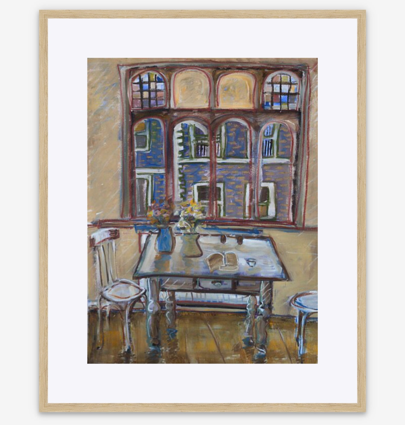 Framed painting of a room with a large window and table.